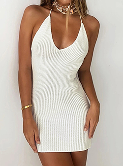 WMNS Open Back Knitted Mini Length Sleeveless Dress with V-Neckline